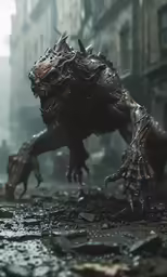 godzilla in a city setting standing and running