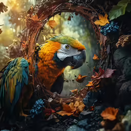 a parrot with yellow feathers standing in a wreath