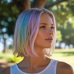 a blonde girl with pastel hair standing and looking at the distance