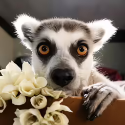 a close up of a lemura chewing on flowers