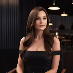a woman sitting on a chair in a room with lights and chairs
