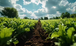 a man walks through a plowed field of green plants