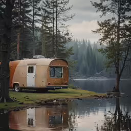 an rv sitting beside a lake next to a forest