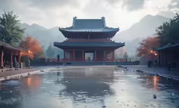 a large palace that has a long pool in the middle of it