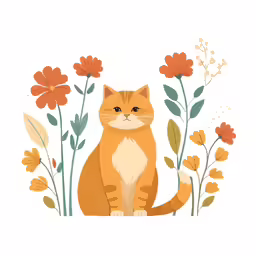 an orange cat sitting in front of a bunch of flowers