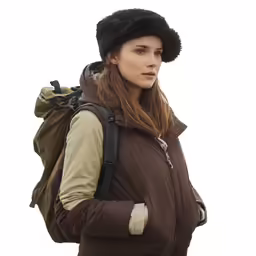 a woman wearing a hat and coat walking with backpack