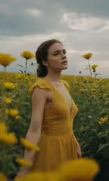 a woman is standing in a field of sunflowers