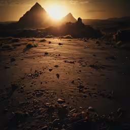 the sun is setting behind some mountains in the distance