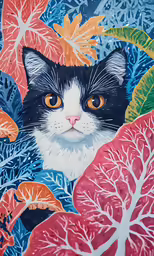 an image of a painting with a cat in the middle of flowers