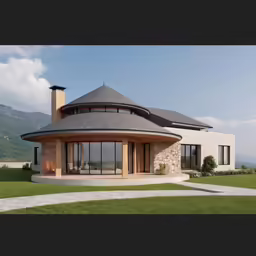 this is a round shaped home by the water