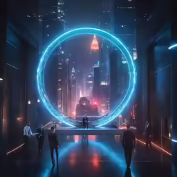 three people are standing in an illuminated tunnel