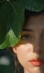 a woman with blue eyes and dark brown hair with leaves covering her face