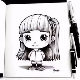 a cartoon girl with big eyes sitting in front of an open book,drawing by person of an anime character