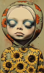 a painting of a girl with yellow flowers on her head