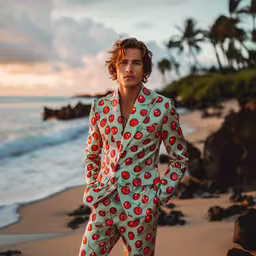 a man wearing an apple suit on the beach,a man is posing by the ocean in matching outfits