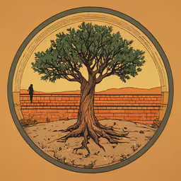 a brick wall is near a large tree,an illustration showing a tree, with exposed roots