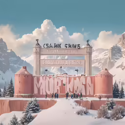 the entrance to sam k news building, with mountains in the background