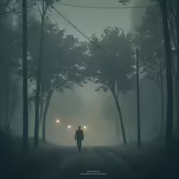 a lone man standing in the middle of a forest at night