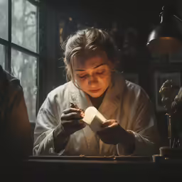 the woman in white coat is doing something with a candle