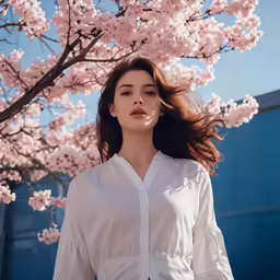 the girl in the white shirt is posing under a tree