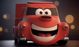a cartoon character drives a truck with a smiling face