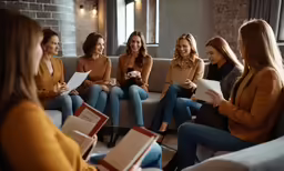 a group of women sitting in a room with books