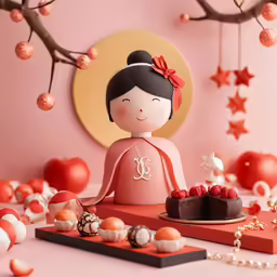 a small girl standing on the table holding a plate of desserts