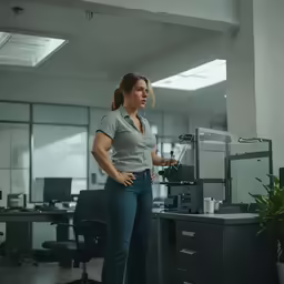 a woman standing in an office with a machine in the foreground