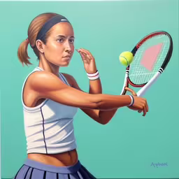 an image of a woman tennis player about to hit the ball,a painting of a young woman in a white top and blue skirt holding a tennis racket on the side with one hand while the other is bent to her left