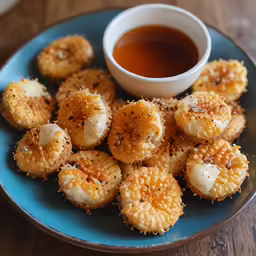 a plate of crackers with some dipping sauce