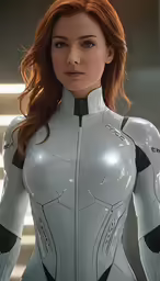 a young woman in a futuristic suit looking into the distance