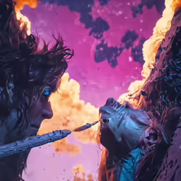 two people in the background with an alien like object being held by one hand