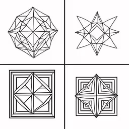 three different shapes drawn in four squares,four geometric shapes, one has an object in the center, the other a star and a star