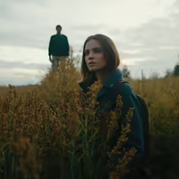 woman standing in grassy field with man in background