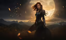 a woman standing in a field holding her arm out and flying