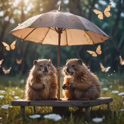 two groundhogs are sitting under a large umbrella