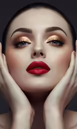 a woman with makeup, her hands behind her face