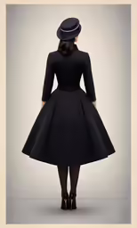 a woman wearing a black dress and hat standing in front of a grey wall