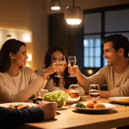 a couple is toasting wine glasses over their dinner table