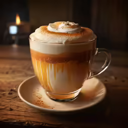 a cup with a saucer on top of it and some liquid on it