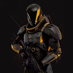 a rendering of a yellow and black robot holding a gun