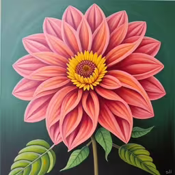 a painting of a bright flower with green leaves,a painting of a pink and yellow flower