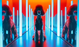 a dog is reflected in the mirror and his reflection is bright