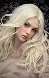 a young woman with white hair standing in front of a dark background