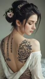 a beautiful lady with very large tattoos on her back