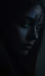 a woman with bright blue eyes is staring at the camera