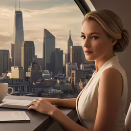 the beautiful woman sits at her desk and looks off into the distance