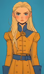 a girl in a yellow dress standing against a blue background