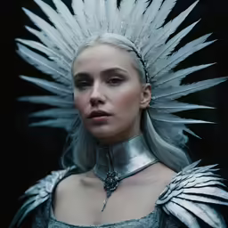 the woman with silver hair is wearing silver and a silver tiara