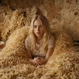 a girl sitting in a pile of stuff with arms folded up